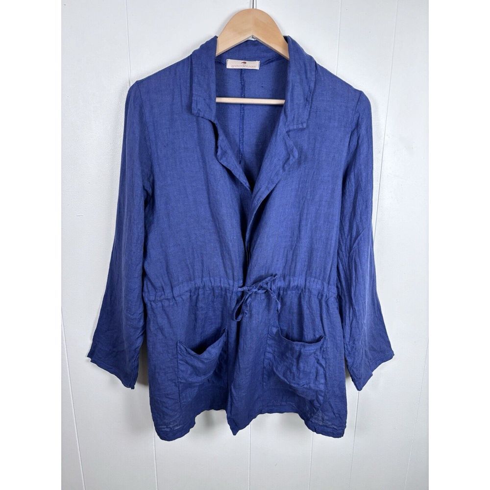 Lands Downunder Fine Linen‎ Blue Tie Front Jacket Blazer Size Medium Pockets